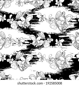 Seamless pattern with violets and grunge monochrome texture