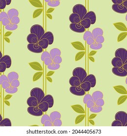Seamless pattern with violets in retro style. Contour stylized floral wallpaper.