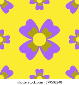 Seamless pattern of violet-yellow beautiful flowers in a flat style on a yellow background, vector illustration