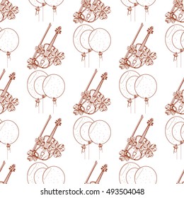 Seamless pattern with violin and balloons.