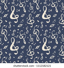 A seamless pattern with violin keys and notes in monochrome tones.