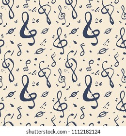 A seamless pattern with violin keys and notes in monochrome tones.