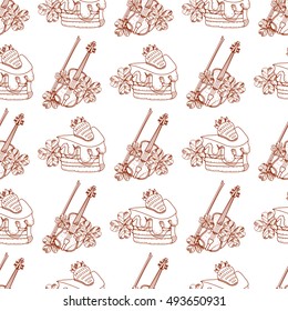 Seamless pattern with a violin and a slice of cake with strawberries.