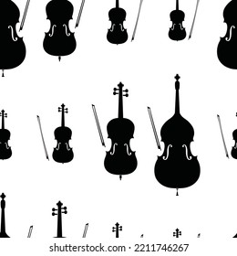 Seamless pattern of violins. Bowed musical instruments. Vector illustration of a double bass pattern; cello; viola; violin