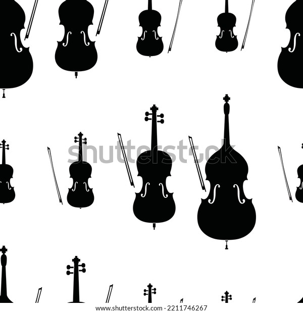 Seamless\
pattern of violins. Bowed musical instruments. Vector illustration\
of a double bass pattern; cello; viola;\
violin