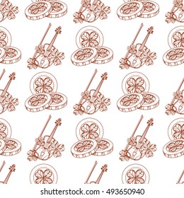 Seamless pattern with violins and three golden coins with clover.