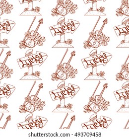Seamless pattern with violins and wooden arrow pointer.
