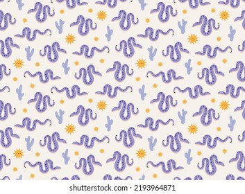Patrón sin foco de víbora con cactus saguaro y sol. Animales y plantas del desierto. Sahara. Ilustración vectorial plana aislada en fondo beige.