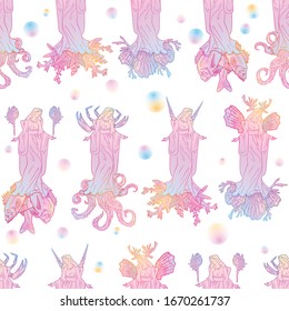 Seamless pattern with virgin Mary, crucifix, octopus, fish, corals, shells, sea animals. Perfect for greetings, wrapping paper, web design, wallpapers, printing on fabric, tattoos, invitations, menu