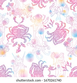 Seamless pattern with virgin Mary, crucifix, octopus, fish, corals, shells, sea animals. Perfect for greetings, wrapping paper, web design, wallpapers, printing on fabric, tattoos, invitations, menu