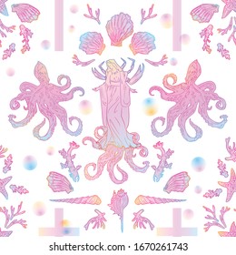 Seamless pattern with virgin Mary, crucifix, octopus, fish, corals, shells, sea animals. Perfect for greetings, wrapping paper, web design, wallpapers, printing on fabric, tattoos, invitations, menu