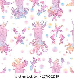 Nahtloses Muster mit unberührter Mary, Kruzifix, Tintenfisch, Fisch, Korallen, Muscheln, Meerestieren. Perfekt für Grüße, Wickelpapier, Webdesign, Bildschirmhintergründe, Stoffdruck, Tattoos, Einladungen, Menü