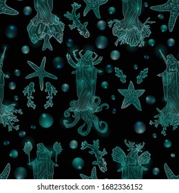 Seamless pattern with virgin Mary, octopus, fish, corals, shells, sea animals. 
