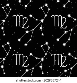 patrón impecable con constelación de Virgo, letras manuscritas y signos de zodiaco. Para su embalaje, tela y decoración de productos.