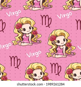 Seamless pattern virgo zodiac cartoon, young woman. Cute character cartoon. Can be arranged in a row, left-right, top-bottom, seamlessly.