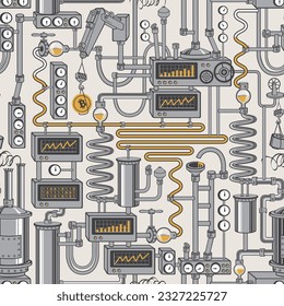 Seamless pattern with a virtual factory conveyor of crypto currency mining. Bitcoin production concept. Vector background with industrial equipment in flat style in blue colors. Blockchain technology