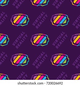 Seamless pattern with virtual reality theme. The colorful lines inside the headset convey the idea of exciting and enjoyable world of virtual reality. Stock vector background.