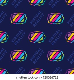 Seamless pattern with virtual reality theme. The colorful lines inside the headset convey the idea of exciting and enjoyable world of virtual reality. Stock vector background.