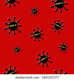 Seamless pattern Virus Covid-19 on red background. Coronavirus cells in blood and human circulatory system.