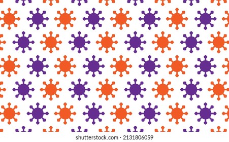 Nahtloses Muster mit dem Virus-Symbol-Motiv. Orangefarbenes und violettes modernes Design