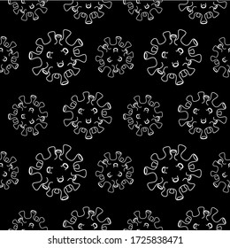 Seamless Pattern of Virus Illustration on Black Background, White Outline
