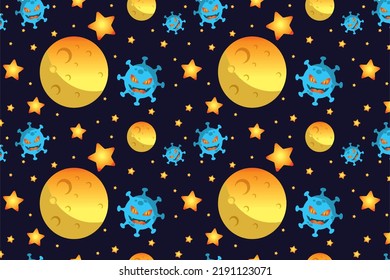 seamless pattern virus with moon star dark background