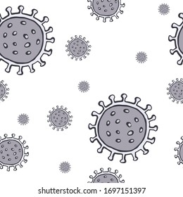 Patrón transparente con virus. Pandemia Coronavirus COVID-19, 2019-nCoV concepto de patrón. Ilustración vectorial dibujada a mano.