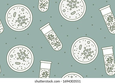 Seamless pattern with virus units in Petri dish and test tube. Vector illustration in cartoon style