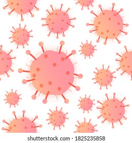 Seamless pattern with viruses of the bacteria coronavirus disease Covid-19. Corona virus on white background. Covid-19 in Wuhan, Global spread. Concept of icon of stopping corona virus. Flat design. 