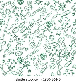 seamless pattern of viruses and bacteria doodle . Hand drawn doodle illustrations isolated over white background