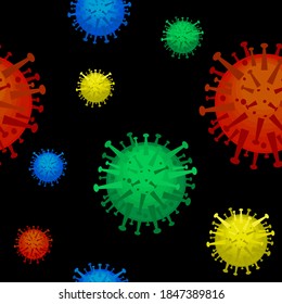 Patrón sin foco con virus, fondo colorido y brillante. Coronavirus rojo, azul, verde y amarillo sobre fondo negro. Ilustración vectorial.