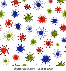 Seamless pattern with viruses and coronavirus isolated on white - background with pathogenic microorganisms for design of medical clothes