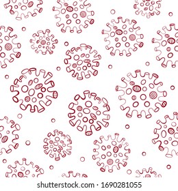 Seamless pattern with viruses. Coronavirus medical pattern with covid-19 bacteria. Vector red linear illustration on white background