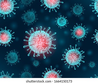 Seamless Pattern With Viruses. Coronavirus On A Dark Background With A Neon Effect And A Red Flash. Vector Illustration