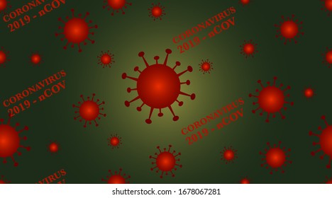 Seamless pattern with viruses. Coronavirus on a dark background. Vector illustration. Novel Coronavirus (2019-nCoV). Virus Covid 19-NCP. Coronavirus nCoV denoted is single-stranded RNA virus.