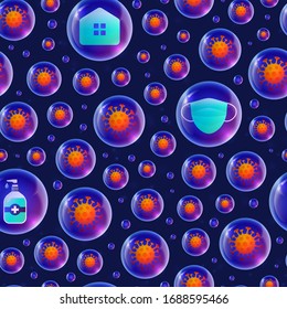 Patrón transparente con virus. Coronavirus sobre un fondo oscuro con efecto neón y balón gloso realisticante. Icono de prevención Covid-19 Ilustración vectorial.