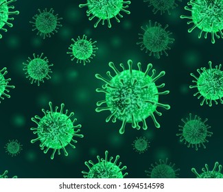 Seamless pattern with viruses. Coronavirus on a dark background with a neon effect. Vector illustration.