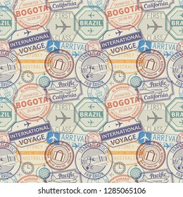 Seamless pattern with visa rubber stamps on passport with text Brazil, Bogota, international, Sydney, Pacific, California, immigration signs, airport travel, vector illustration