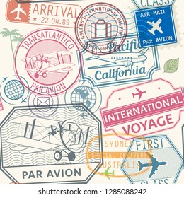 Seamless pattern with visa rubber stamps on passport with text Par Avion, First Class, international, Sydney, Pacific, California, immigration signs, airport travel, vector illustration