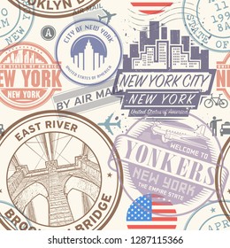 Seamless pattern with visa rubber stamps on passport with text New York, Manhattan, Yonkers, East River, immigration signs, airport travel, vector illustration