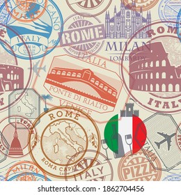 Seamless pattern with visa rubber stamps Italy theme, vector illustration