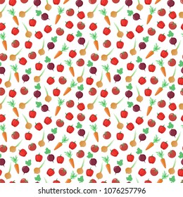 Seamless pattern with vitamin carrots, sweet peppers, juicy tomatoes with onions and beets. This vegetable design is for your business projects. Ideal for fabrics and decor. Vector background