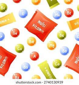 A seamless pattern of vitamins in the form of bubbles, various colors on a white background, scattered vitamins and microelements. Vector illustration of a pattern on the theme of multivitamins.