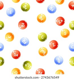 A seamless pattern of vitamins in the form of bubbles, various colors on a white background, scattered vitamins and microelements. Vector illustration of a pattern on the theme of multivitamins.