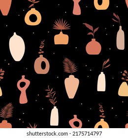 Seamless pattern vith clay vases on black backround.  Bohemian art. Contemporary illustrations in pastel colors.  Scandinavian ceramic vase.