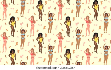 Seamless pattern with vitiligo women and spots. Smiling women in swimsuits of different nationalities and physiques with vitiligo. 