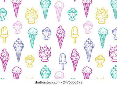 Seamless pattern with vivid colours ice cream cones, and popsicles on a white background. Summer dessert theme for design and print.