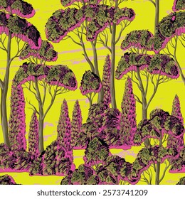 Seamless pattern with vivid decorative trees. Vector