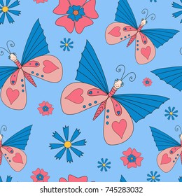 Seamless pattern with vivid flowers and butterflies on light blue background. Summer illustration for kids..Can be used for fabric,textile,gift wrapping paper.