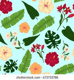 Seamless Pattern of Vivid Hibiscus and Leaves on Light Blue Background